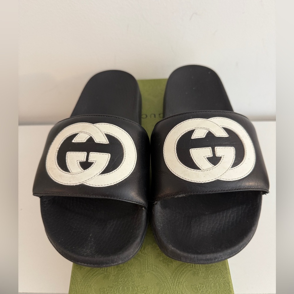 Authentic Black leather/ rubber Gucci slides, size 10